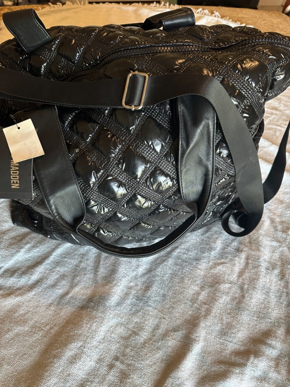 Steve Madden Glossy Black Quilted Travel Tote